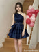 Chic Navy One-Shoulder Satin Short Homecoming  Dress with Ruffled Tiered Skirt,HD1333