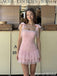 Pretty Pink Square Neck Beaded Pearl Tulle Homecoming Dress Featuring Tiered Skirt,HD1320