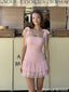 Pretty Pink Square Neck Beaded Pearl Tulle Homecoming Dress Featuring Tiered Skirt,HD1320