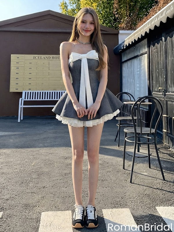 Pretty Gray Bow Mini Homecoming Dress Classy A Line Short Dress For Fancy Events,HD1300