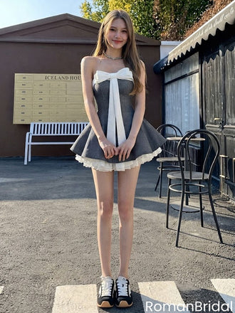 Pretty Gray Bow Mini Homecoming Dress Classy A Line Short Dress For Fancy Events,HD1300