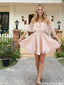 Soft Pink Off-the-Shoulder Lace Homecoming Dress A-Line Mini Short Graduation Gown,HD1209