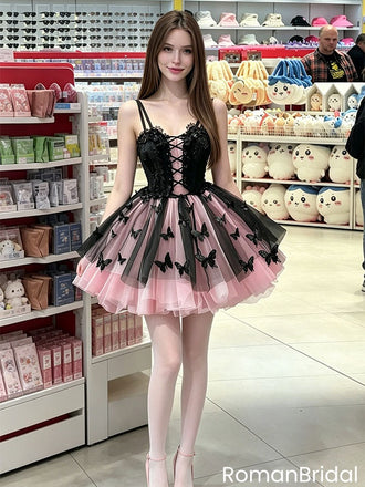 Classy Black and Pink Butterfly Homecoming Dress Corset Style Tulle Mini,HD1262