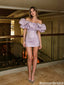 Fancy Lilac Glitter Homecoming Dress Off-Shoulder Ruffle Sleeve Short Cocktail,HD1247