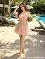 Sexy Off-Shoulder Pink Tulle Short Homecoming Dress Beaded Bodice Butterfly Accent,HD1252