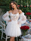 Modern White Off-the-Shoulder Tulle Balloon Sleeve Homecoming Dress,HD1234