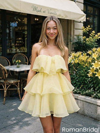 Beautiful Yellow Strapless Tiered Homecoming Dress Cute Layered Ruffle Organza Party Gown,HD1312