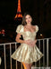 Classy Champagne Puff Sleeve Corset Homecoming Dress with Elegant Satin Finish,HD1243