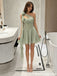 Pretty Sage Green One-Shoulder Draped Chiffon Mini Homecoming Dress Featuring Floral Accents,HD1358