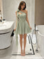 Pretty Sage Green One-Shoulder Draped Chiffon Mini Homecoming Dress Featuring Floral Accents,HD1358