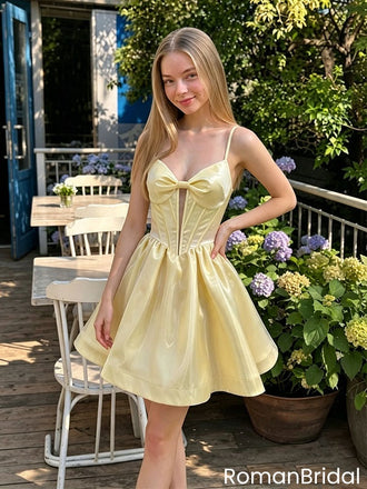 Modern Yellow Short Homecoming Dress Sweetheart Neck Spaghetti Strap Mini Gown,HD1338