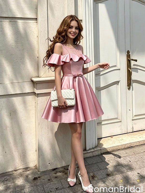 Pretty Dusty Pink Cold Shoulder Homecoming Dress Short A-Line Satin Ruffle Gown,HD1229