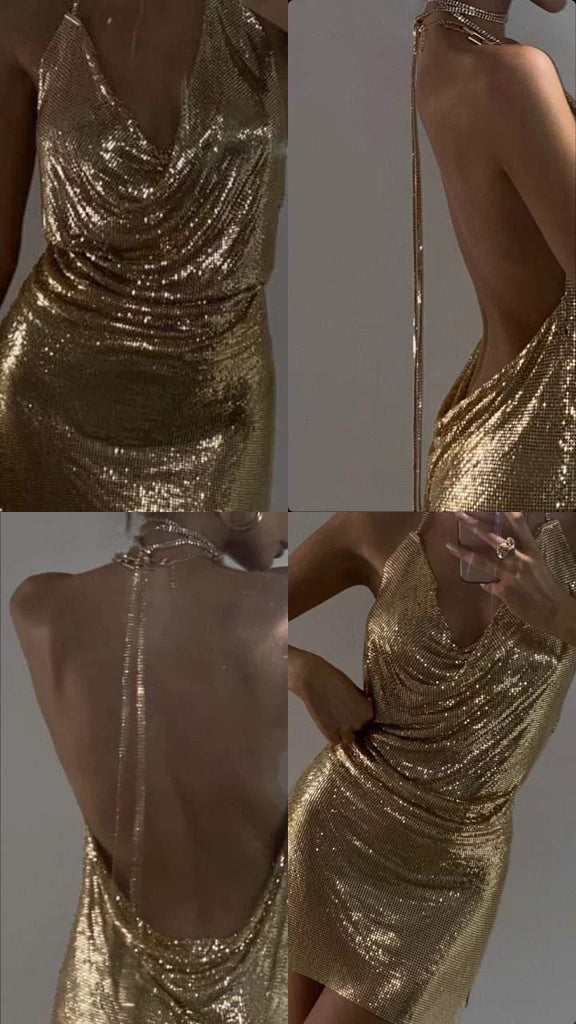 Unique Gold Sequin Halter Homecoming Dress Sparkly Backless Bodycon Party Mini,HD1221