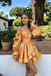 Classy Orange Off-Shoulder Satin Cocktail Homecoming Dress Featuring Puffy Sleeves,HD1321