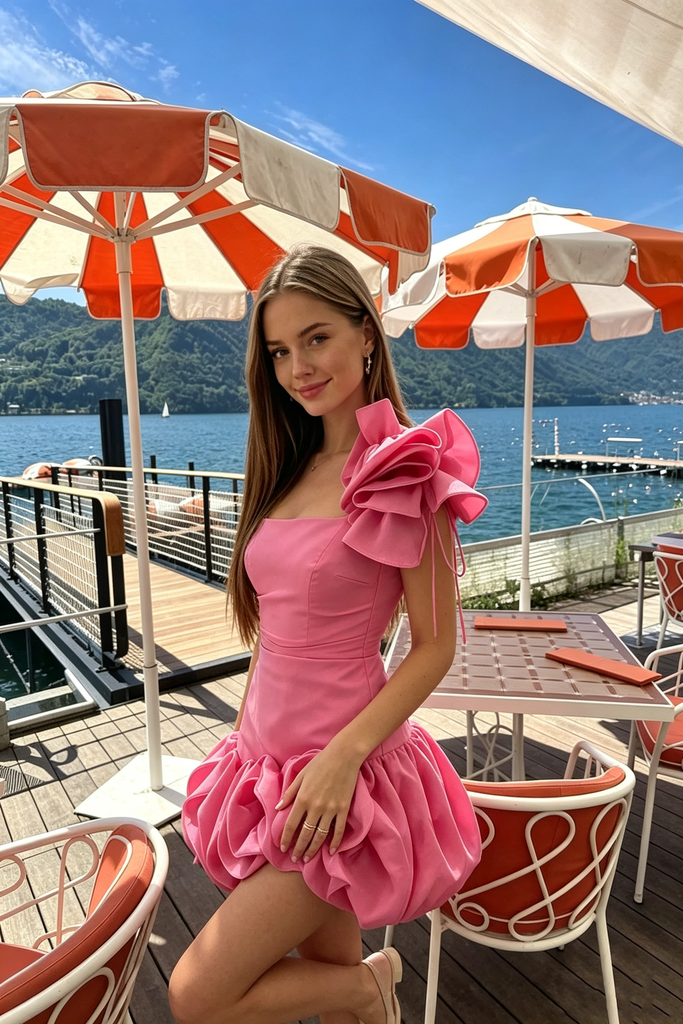 Beautiful Pink Halter V Neck Homecoming Dress Classy Ruffle Trim Short Sundress,HD13011