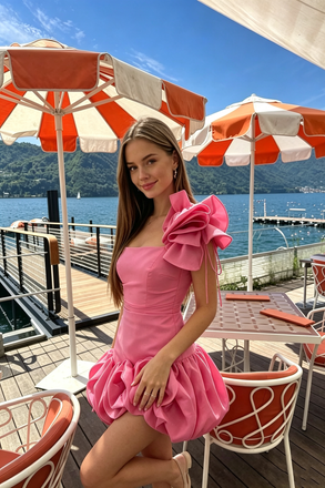 Beautiful Pink Halter V Neck Homecoming Dress Classy Ruffle Trim Short Sundress,HD1311