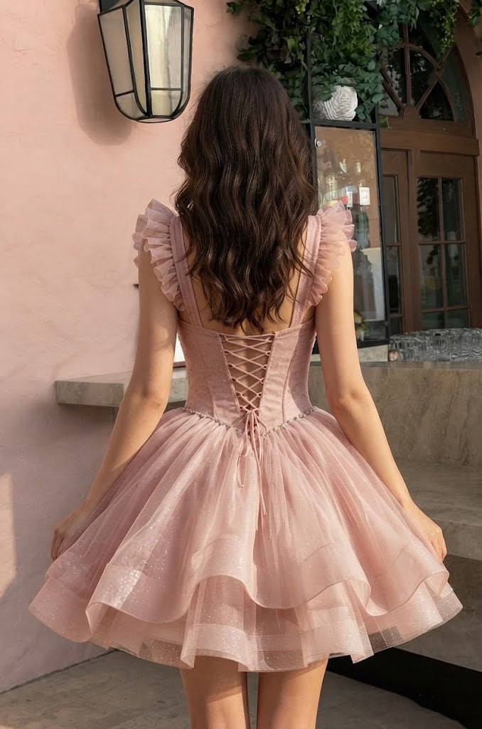 Classy Pink Square Neck Ruffle Strap Corset Mini Homecoming Dress Fancy,HD1355