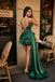 Sexy Emerald Green One-Shoulder Satin Gown Fancy High-Slit Unique Homecoming Dress,HD1288