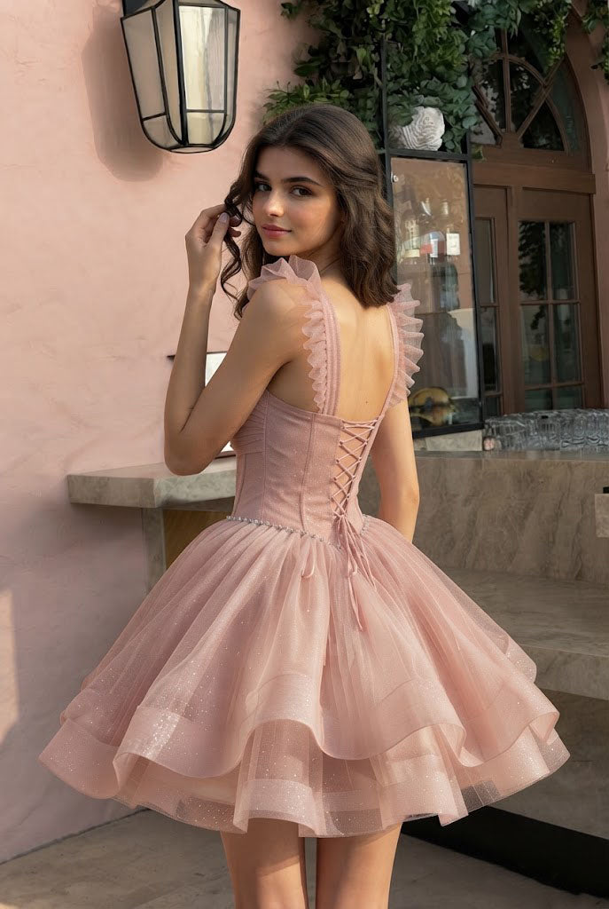 Classy Pink Square Neck Ruffle Strap Corset Mini Homecoming Dress Fancy,HD1355