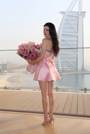 Pretty Pink Strapless Satin Homecoming Dress Sparkly Crystal Bodice Elegant Gown,HD1352