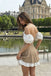 Unique Brown Off-Shoulder Polka Dot Homecoming Dress Puff Sleeves Belted Waist,HD1303