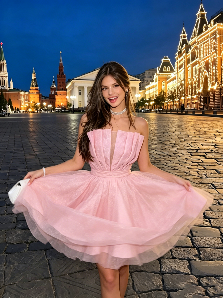 Beautiful Pink Pleated Strapless Homecoming Dress Unique Short A-Line Ball Gown,HD1248