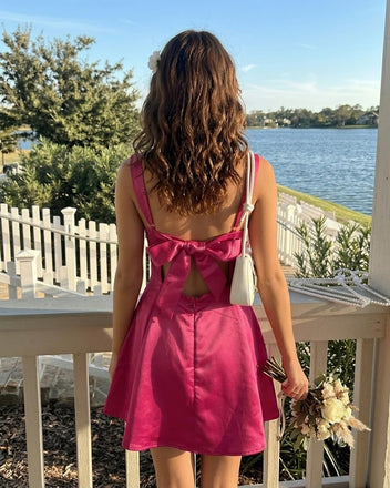Beautiful Magenta Square Neck Satin Homecoming Dress Trendy Sleeveless Prom Outfit,HD1272