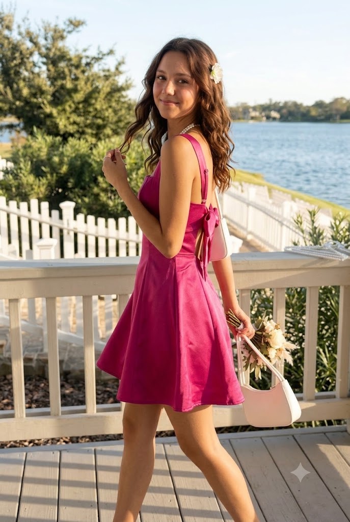 Beautiful Magenta Square Neck Satin Homecoming Dress Trendy Sleeveless Prom Outfit,HD1272