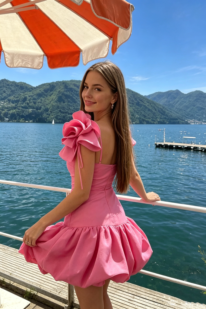 Beautiful Pink Halter V Neck Homecoming Dress Classy Ruffle Trim Short Sundress,HD13011