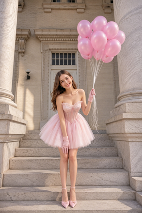Pretty Pink Strapless Homecoming Dress Tulle Skirt Chic Lace Gloves Matching,HD1253