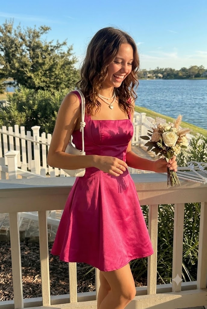 Beautiful Magenta Square Neck Satin Homecoming Dress Trendy Sleeveless Prom Outfit,HD1272