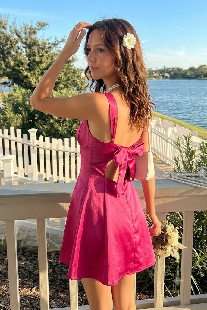 Beautiful Magenta Square Neck Satin Homecoming Dress Trendy Sleeveless Prom Outfit,HD1272