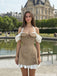 Unique Brown Off-Shoulder Polka Dot Homecoming Dress Puff Sleeves Belted Waist,HD1303