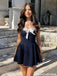 Classic Navy Blue A-Line Homecoming Dress White Lace Bustier Bow Accent Sleeveless,HD1214