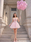 Pretty Pink Strapless Homecoming Dress Tulle Skirt Chic Lace Gloves Matching,HD1253