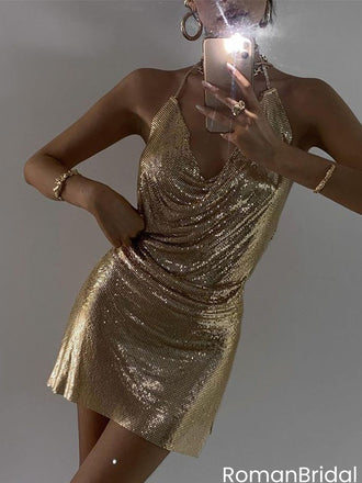 Unique Gold Sequin Halter Homecoming Dress Sparkly Backless Bodycon Party Mini,HD1221
