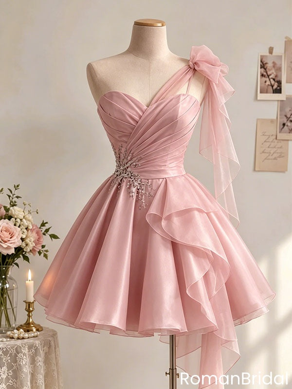 Classy Pink Sweetheart Pleated Organza Mini Homecoming Dress with Crystal Beading,HD1357