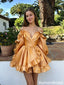 Classy Orange Off-Shoulder Satin Cocktail Homecoming Dress Featuring Puffy Sleeves,HD1321