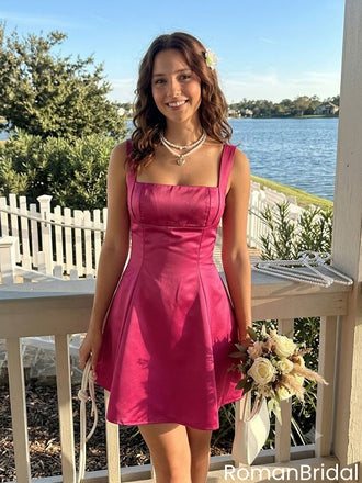 Beautiful Magenta Square Neck Satin Homecoming Dress Trendy Sleeveless Prom Outfit,HD1272