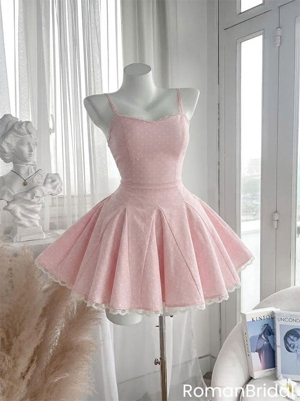 Beautiful Pink Polka Dot Homecoming Dress Pretty Sleeveless A-Line Mini,HD1263