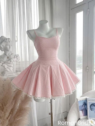 Beautiful Pink Polka Dot Homecoming Dress Pretty Sleeveless A-Line Mini,HD1263