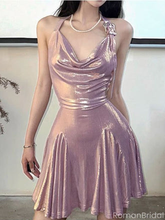 Sexy Pink Halter Strap Sleeveless A-Line Short Homecoming Dresses For Party,HD1145