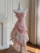 Elegant Pink Spaghetti Strap High Low Sleeveless Homecoming Dresses For Birthday Party,HD1181