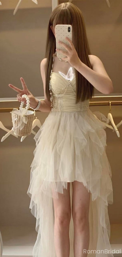 Elegant White Spaghetti Strap High Low Sleeveless Homecoming Dresses For Birthday Party,HD1182