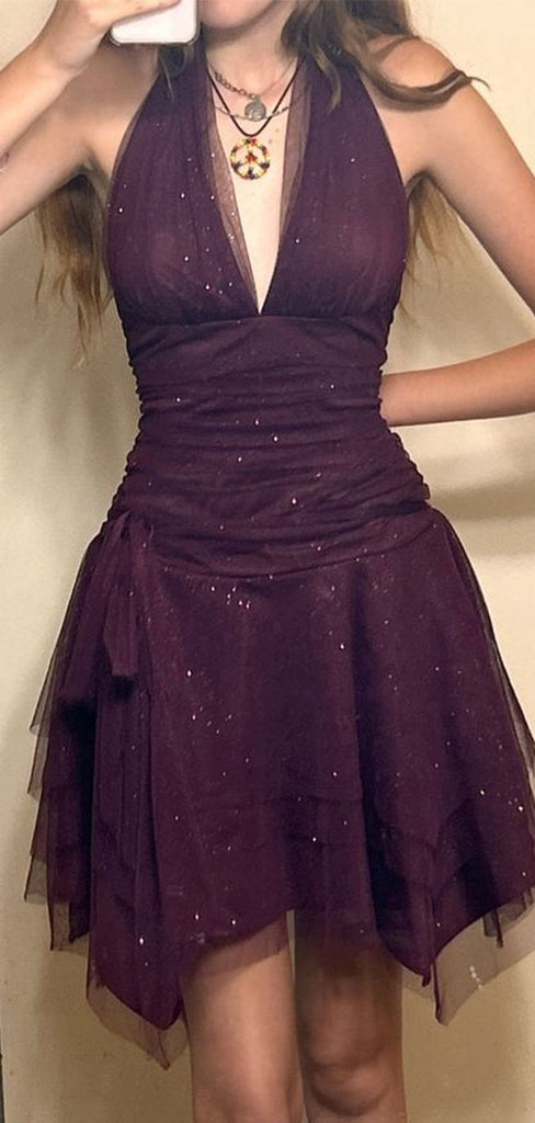 Sexy Purple V-Neck Sleeveless A-Line Short Homecoming Dresses For Party,HD1146