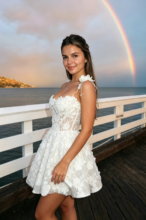 Stunning White Floral Applique One Shoulder 3D Lace Short Homecoming Dress,HD1314