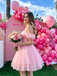 Pretty Blush Tulle Homecoming Dress Sweetheart Pearl Embellished Puff Sleeves,HD1249