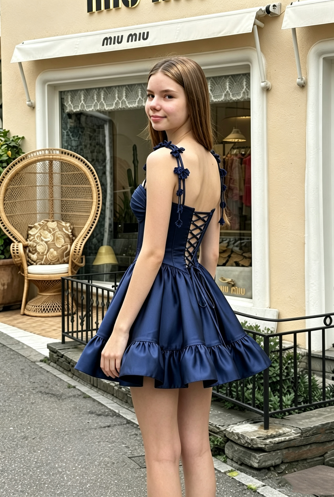 Chic Navy Sweetheart Corset Strap Floral Short Satin A-Line Party Homecoming Dress ,HD1325