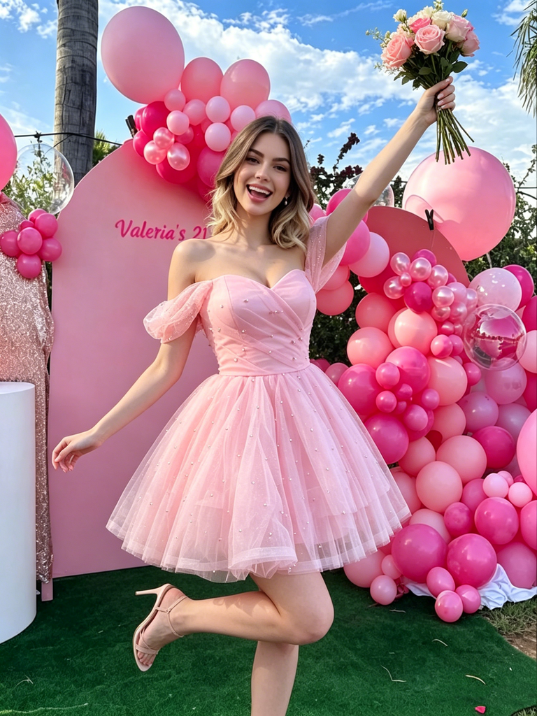 Pretty Blush Tulle Homecoming Dress Sweetheart Pearl Embellished Puff Sleeves,HD1249