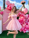 Pretty Blush Tulle Homecoming Dress Sweetheart Pearl Embellished Puff Sleeves,HD1249